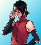  1girl adjusting_glasses black_hair boruto:_the_movie detached_sleeves forehead_protector glasses jadenkaiba looking_at_viewer naruto red_eyes sharingan short_hair sleeveless solo uchiha_sarada upper_body 