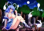  arm_support bar_censor bare_shoulders blue_dress blue_eyes blue_hair blush breasts breasts_outside censored collarbone commentary_request condom dress drill_hair graveyard hair_ornament hair_rings hair_stick high_heels hitodama kaku_seiga large_breasts legs_together long_legs looking_at_viewer nipples panties panties_aside pussy short_dress short_hair short_sleeves sitting smile solo taka_(hiroa) tombstone touhou twin_drills underwear used_condom white_panties 