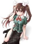  bad_id bad_pixiv_id brown_eyes brown_hair elbow_gloves gloves hair_ribbon highres jacket kantai_collection long_hair pelvic_curtain remodel_(kantai_collection) ribbon shion_(tafu) single_elbow_glove single_thighhigh smile solo thighhighs tone_(kantai_collection) twintails white_ribbon 