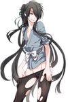  androgynous black_hair black_legwear drifters fujiwara_riyu hair_over_one_eye hair_ribbon highres japanese_clothes long_hair male_focus nasu_no_yoichi pantyhose ponytail ribbon smile solo torn_clothes torn_legwear very_long_hair 