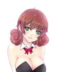  bare_shoulders bow bowtie breasts brown_hair cleavage curly_hair earrings froznkamui green_eyes jewelry large_breasts leotard penny_(stardew_valley) playboy_bunny_leotard short_hair smile solo stardew_valley 