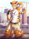 2016 abs anthro armpits building bulge chest_tuft claws clothed clothing feline fingerless_gloves gloves hand_behind_head kneeling looking_at_viewer lysergide male mammal one_eye_closed orange_eyes outside piercing shorts skyline solo stripes tiger toe_claws tongue tongue_out tongue_piercing topless tuft wink 