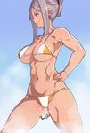  baozi bikini breasts cameltoe character_request cleavage copyright_request covered_nipples dark_skin folded_ponytail food hand_on_hip hijiri large_breasts muscle muscular_female navel red_eyes smile solo swimsuit 