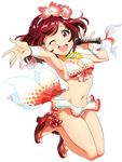  ;d beads bikini floating_hair flower front-tie_top full_body hair_flower hair_ornament hairband holding jewelry kasukabe_haru legs_together looking_at_viewer microphone navel necklace one_eye_closed open_mouth outstretched_arm red_eyes red_hair round_teeth sandals short_hair simple_background smile solo swimsuit teeth tokyo_7th_sisters white_background 
