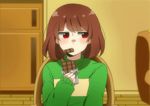  animated animated_gif bad_id bad_tumblr_id blush brown_hair chair chara_(undertale) chewing chocolate_bar commentary food_in_mouth indoors interior looking_to_the_side red_eyes rii_(riikugakis) shirt sitting solo spoilers striped striped_shirt undertale upper_body 