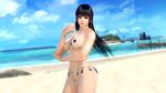  1girl 3d bangs beach bikini black_hair blunt_bangs blurry breasts cowboy_shot dead_or_alive dead_or_alive_5 dead_or_alive_xtreme_3_fortune dead_or_alive_xtreme_beach_volleyball depth_of_field female hair_ornament hime_cut large_breasts lips long_hair looking_at_viewer micro_bikini navel nyotengu ocean official_art outdoors purple_eyes sand sky smile solo standing swimsuit underboob venus_bikini water 