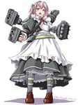  aiming_at_viewer alternate_costume apron arm_up belt blue_eyes blush brown_footwear commentary_request dress enmaided frilled_apron frills full_body grey_legwear gun hair_ornament holding holding_gun holding_weapon kantai_collection loafers long_skirt long_sleeves looking_at_viewer machinery maid maid_apron open_mouth pink_hair ponytail puffy_long_sleeves puffy_sleeves rigging shiranui_(kantai_collection) shoes short_hair short_ponytail simple_background skirt solo standing tatsumi_ray torpedo turret twitter_username weapon white_background 