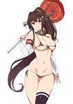  bikini blush breasts brown_hair detached_sleeves flower hair_flower hair_ornament kantai_collection large_breasts long_hair micro_bikini oriental_umbrella ponytail red_umbrella sama_samasa solo swimsuit umbrella very_long_hair yamato_(kantai_collection) 