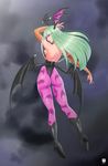  animal_print ass back bare_back bat_print bat_wings boots breasts bridal_gauntlets cloud cloudy_sky demon_girl from_behind green_eyes green_hair head_wings high_heel_boots high_heels highres kawa-v leotard long_hair looking_at_viewer looking_back low_wings medium_breasts morrigan_aensland pantyhose print_legwear purple_legwear sideboob sky solo succubus thong vampire_(game) wings 