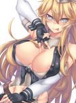  areola_slip areolae bangs bare_shoulders black_gloves blonde_hair blue_eyes blush breasts covered_nipples fi-san fingerless_gloves gloves hair_between_eyes highres iowa_(kantai_collection) kantai_collection large_breasts long_hair looking_at_viewer solo star star-shaped_pupils symbol-shaped_pupils tongue tongue_out transparent_background v 