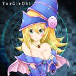  1girl bare_shoulders blonde_hair breasts crystal_clear dark_magician_girl duel_monster hat long_hair magical_girl shiny_skin smile solo wizard_hat yu-gi-oh! yuu-gi-ou_duel_monsters 