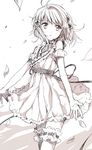  ahoge detached_sleeves dress fly_(marguerite) hair_bobbles hair_ornament highres leg_garter md5_mismatch monochrome parted_lips petals puffy_sleeves reala short_hair sketch solo tales_of_(series) tales_of_destiny_2 very_short_hair 