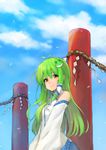  alternate_eye_color bad_id bad_pixiv_id blue_skirt blue_sky blurry cloud day depth_of_field detached_sleeves frog_hair_ornament gradient_eyes green_hair hair_ornament hair_tubes highres kochiya_sanae koretsuki_azuma long_hair looking_at_viewer multicolored multicolored_eyes onbashira orange_eyes petals rope shimenawa shirt skirt sky smile snake_hair_ornament solo touhou upper_body white_shirt wind yellow_eyes 