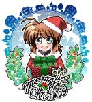  1girl :d ahoge black_shirt blush brown_hair commentary cursive english_text eyebrows_visible_through_hair fuuka_reventon gift green_eyes green_mittens hat holding holding_gift holly jacket kohaku_(kohagura) long_hair looking_at_viewer lyrical_nanoha merry_christmas open_mouth ponytail red_hat red_jacket ribbon santa_costume santa_hat shirt smile solo star starry_background vivid_strike! 