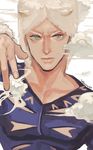  artist_name cloud collarbone expressionless foreshortening grey_eyes highres horns jojo_no_kimyou_na_bouken male_focus signature solo supocon upper_body weather_report white_hair 