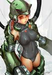  ariverkao armor black_school_swimsuit breasts dated helmet large_breasts mecha_musume mechanical_arms one-piece_swimsuit original pink_hair red_eyes school_swimsuit signature solo swimsuit thighhighs thighs 