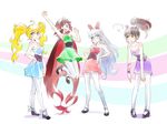  4girls alternate_hairstyle animal_ears black_hair blake_belladonna blonde_hair blossom_(ppg) blossom_(ppg)_(cosplay) blue_eyes blush bow brown_hair bubbles_(ppg) bubbles_(ppg)_(cosplay) bunny_(ppg) bunny_(ppg)_(cosplay) buttercup_(ppg) buttercup_(ppg)_(cosplay) cat_ears cosplay earrings facial_scar gradient_hair hair_bow highres iesupa jewelry jumping multicolored_hair multiple_girls necklace pantyhose powerpuff_girls purple_eyes red_hair ruby_rose rwby scar silver_eyes silver_hair skirt twintails weiss_schnee yang_xiao_long yellow_eyes 