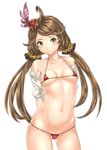  ahoge arms_behind_back bangs bare_shoulders bikini blush breasts cleavage collarbone contrapposto covered_nipples cowboy_shot detached_sleeves flower granblue_fantasy green_eyes groin hair_flower hair_ornament hair_scrunchie harie_(granblue_fantasy) hat hat_feather highres legs_apart long_hair looking_at_viewer micro_bikini midriff mini_hat navel partially_visible_vulva pink_feathers rose ryuuzou scrunchie short_sleeves simple_background small_breasts solo standing stomach strap_gap swept_bangs swimsuit tsurime very_long_hair white_background yellow_flower yellow_rose 