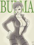 2015 bad_id bad_pixiv_id breasts bulma character_name cleavage cowboy_shot dated dragon_ball dragon_ball_z earrings hand_on_ass jewelry karasuma_raul large_breasts lipstick makeup monochrome nail_polish no_bra open_clothes sepia short_hair signature solo 