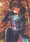  autumn_leaves bangs bench brown_eyes brown_hair crossed_legs frown hairband hand_in_hair kita_high_school_uniform miniskirt orange_hairband school_uniform serafuku sitting skirt solo suzumiya_haruhi suzumiya_haruhi_no_yuuutsu thighhighs tomoeri traditional_media tree zettai_ryouiki 