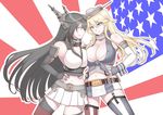  american_flag asymmetrical_docking black_hair blonde_hair blue_eyes breast_contest breast_press breasts cleavage confrontation elbow_gloves eye_contact face-to-face fingerless_gloves flag flag_background garter_straps gloves hands_on_hips headband headgear iowa_(kantai_collection) japanese_flag kantai_collection kirigakure_(kirigakure_tantei_jimusho) large_breasts long_hair looking_at_another midriff miniskirt multiple_girls nagato_(kantai_collection) red_eyes rising_sun skirt smile star star-shaped_pupils sunburst symbol-shaped_pupils thighhighs wallpaper zettai_ryouiki 