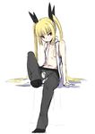  blazblue blonde_hair feet flat_chest kaname_nagi leg_lift long_hair navel no_pants open_clothes open_shirt panties panties_under_pantyhose pantyhose rachel_alucard red_eyes ribbon shirt sitting sketch sleeveless sleeveless_shirt smile solo torn_clothes torn_legwear twintails underwear very_long_hair white_panties 