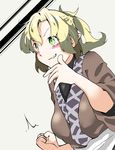  blonde_hair clenched_hand fist_pump green_eyes grin hair_between_eyes hand_on_own_chin koma_kitsune_(kururito) looking_away mizuhashi_parsee pointy_ears ponytail short_sleeves sidelocks smile smirk solo touhou 