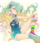  39 aqua_eyes aqua_hair badge bangs bow bracelet button_badge candy candy_hair_ornament checkerboard_cookie cookie earrings food food_themed_hair_ornament gradient_hair grin hair_bow hair_ornament hairclip hand_on_own_knee hatsune_miku jewelry kneehighs lollipop long_hair looking_at_viewer macaron_hair_ornament multicolored multicolored_clothes multicolored_footwear multicolored_hair multicolored_legwear nail_polish nozaki_tsubata one_eye_closed overall_shorts overalls pink_nails shoes sitting smile sneakers solo twintails very_long_hair vocaloid 