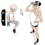  :d age_progression ankle_socks aqua_eyes black_legwear blonde_hair blue_eyes breasts cleavage collarbone dark_skin dual_persona english flat_chest from_above from_side hand_on_hip hand_up hat hat_tip knee_up large_breasts legs_apart limited_palette line_shading long_hair looking_at_viewer looking_away nail_polish no_socks open_mouth original pants pants_rolled_up partially_colored shirt shoes short_hair shorts simple_background sitting skateboard sleeveless sleeveless_shirt smile sneakers socks spread_legs standing sweatband tan tank_top tanline teeth tomboy velzhe watch white_background white_nails wristband wristwatch 