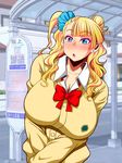  1girl :o asymmetrical_hair blazer blonde_hair blue_eyes blunt_bangs blush bow bowtie breasts buttons cleavage collared_shirt colored_eyelashes earrings eyebrows eyebrows_visible_through_hair full-face_blush gyaru-ko hair_bun hair_ornament highres huge_breasts itachou jewelry long_hair long_sleeves looking_at_viewer makeup one_side_up oshiete!_gyaru-ko-chan outdoors parted_lips red_bow red_bowtie school_uniform shirt side_bun side_ponytail solo standing upper_body wavy_hair 