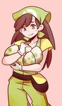 brown_eyes brown_hair carrying collarbone drawfag egg gloves green_pants headwear holding long_hair npc_trainer pants pink_background pokemon pokemon_(game) pokemon_breeder_(pokemon) pokemon_xy pouch solo standing sweatdrop wavy_mouth white_gloves 