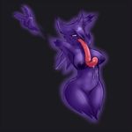  big_breasts big_butt breasts butt curvaceous drooling female hand_behind_head haunter huge_breasts huge_butt long_tongue looking_at_viewer lurkingtyger nintendo nude peace_sign_(disambiguation) pok&eacute;mon pose saliva smile thick_thighs tongue tongue_out video_games voluptuous wide_hips 