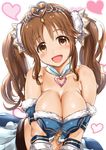  :d bare_shoulders blush breasts brown_eyes brown_hair cleavage ganari_ryuu granblue_fantasy highres idolmaster idolmaster_cinderella_girls large_breasts long_hair looking_at_viewer open_mouth short_hair simple_background smile solo totoki_airi twintails white_background 