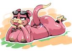  big_breasts big_butt bittenhard breast_rest breasts butt clothed clothing derp_eyes eyewear female hands_on_chin huge_breasts huge_butt inverted_nipples lying nintendo nipples pok&eacute;mon slowpoke smile sunglasses thick_thighs thong tongue tongue_out topless video_games voluptuous wide_hips 