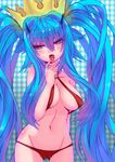  absurdres bikini blue_eyes blue_hair blush breasts covered_nipples crown finger_to_mouth highres horns large_breasts long_hair navel open_mouth original sidelocks slingshot_swimsuit solo swimsuit tongue twintails wisespeak 