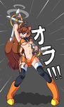  animal_ears average-hanzo black_legwear blazblue boots breasts brown_eyes brown_hair clenched_hands commentary dual_wielding emphasis_lines fingerless_gloves full_body gloves highleg highleg_panties highres holding knee_boots large_breasts makoto_nanaya miniskirt navel orange_skirt panties punching short_hair side_slit skirt solo squirrel_ears squirrel_tail tail thighhighs toned tonfa underboob underwear uppercut weapon zettai_ryouiki 