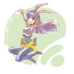  animal_ears armor bodysuit brown_eyes brown_hair bunny_ears bunny_girl bunny_tail full_body highres iesupa jumping long_hair navel rwby shoulder_armor skin_tight smile solo tail velvet_scarlatina 