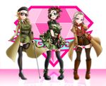  amputee artist_request blonde_hair blue_eyes boots breasts brown_hair cleavage eyepatch fingerless_gloves gloves gun high_heels kazuhira_miller looking_at_viewer metal_gear_solid metal_gear_solid_v multiple_girls purple_eyes revolver revolver_ocelot scar scarf sunglasses venom_snake weapon 