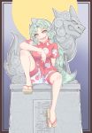  1girl animal_ears bangs bare_legs barefoot buttons cloud_print collared_shirt commentary_request cube85 curly_hair full_body full_moon geta green_eyes green_hair head_tilt highres horn knee_up komainu komano_aun long_hair looking_at_viewer moon open_mouth red_shirt shirt short_sleeves shorts sitting slit_pupils smile solo statue tail thick_eyebrows touhou translation_request very_long_hair white_shorts wing_collar 