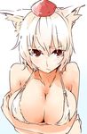  :/ animal_ears bikini blush breast_hold breasts cleavage hat inubashiri_momiji kamukamu_(ars) large_breasts looking_at_viewer open_mouth red_eyes self_hug short_hair silver_hair simple_background solo swimsuit tokin_hat touhou upper_body white_background white_bikini wolf_ears 