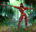  1girl abs anasheya breasts bulge dark_skin dreadlocks futanari lips looking_at_viewer muscle pubic_hair spear tattoo tribal 