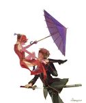  1girl 2016 ahoge bangs black_footwear black_pants blue_eyes boots brown_hair bun_cover china_dress chinese_clothes cravat dress from_side gintama holding holding_sword holding_umbrella holding_weapon jacket kagura_(gintama) knee_boots leg_grab long_sleeves looking_at_another looking_down looking_up okita_sougo orange_hair pants pelvic_curtain purple_umbrella red_dress red_eyes sheath signature simple_background sleeveless sleeveless_dress sword tassel umbrella unsheathing weapon white_background zzyzzyy 