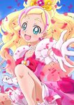  aikawa_yousuke bare_legs blonde_hair blue_background blue_eyes bow clenched_hand cure_flora earrings eyebrows flower flower_earrings flower_necklace gloves go!_princess_precure haruno_haruka jewelry long_hair looking_at_viewer magical_girl multicolored_hair necklace outstretched_hand petals pink_bow pink_hair pink_skirt precure skirt smile solo squatting streaked_hair thick_eyebrows two-tone_hair white_gloves 