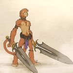  accessories belt clothed clothing dual_wielding ear_piercing forge_(artist) full-length_portrait holding_object holding_weapon loincloth male mammal melee_weapon monkey pathfinder piercing portrait prehensile_feet primate smirk sword topless weapon zsisron 