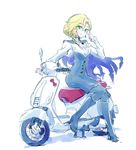  blonde_hair cape earrings full_body glasses glynda_goodwitch green_eyes ground_vehicle highres iesupa jewelry motor_vehicle necklace pantyhose rwby scooter sitting smile solo 