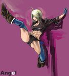  abs angel_(kof) boots breasts chaps cleavage fingerless_gloves gloves hair_over_one_eye highres kicking medium_breasts midriff mimiyama_kiichi muscle muscular_female navel panties short_hair silver_hair solo the_king_of_fighters the_king_of_fighters_2001 thighhighs underwear white_hair 