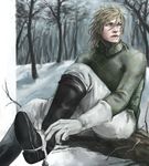  absurdres blonde_hair blue_eyes boots brown_footwear dated diego_brando gloves highres jojo_no_kimyou_na_bouken lips looking_to_the_side male_focus sasamura sitting snow solo spurs steel_ball_run tree turtleneck twitter_username white_gloves winter 
