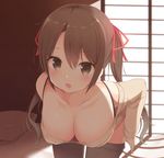  aibumi black_legwear blush breasts brown_eyes brown_hair cleavage collarbone hair_ribbon large_breasts leaning_forward long_hair looking_at_viewer off_shoulder open_mouth original pantyhose ribbon solo sweater twintails undressing 