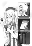  1girl :d beanie beret blush cellphone comic commentary emoticon employee_uniform english_commentary greyscale hat highres holding kantai_collection kashima_(kantai_collection) lawson long_hair monochrome open_mouth phone pleated_skirt robba-san_(wangphing) shirt silent_comic skirt smartphone smile spoken_object striped striped_shirt twintails uniform vertical_stripes wangphing 