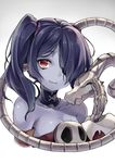  bare_shoulders blue_hair blue_skin bone breasts closed_eyes detached_collar detached_sleeves hair_over_one_eye kakao_rantan leviathan_(skullgirls) long_hair looking_at_viewer medium_breasts red_eyes side_ponytail simple_background skull skullgirls smile squigly_(skullgirls) stitched_mouth stitches upper_body zombie 